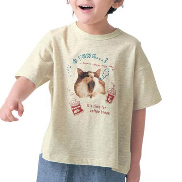 日本千趣會 - 純棉薄涼動物印花短袖上衣-休息貓貓-燕麥