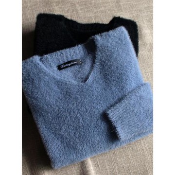 冬季打底衫保暖毛衣男套頭水貂絨針織衫v領t恤男士內搭貼身上衣服