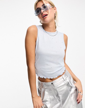 Noisy May cropped scallop edge rhinestone vest in baby blue