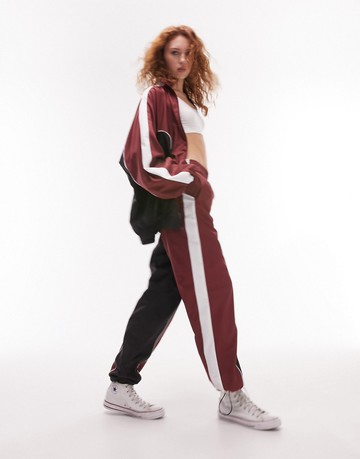 Topshop co-ord sporty shell cuffed tracksuit bottoms in burgundy-Red