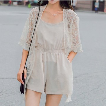 FINDSENSE H1 2018 夏季 新款 氣質 蕾絲防曬外套 吊帶連體短褲 兩件套 休閒潮流女套裝