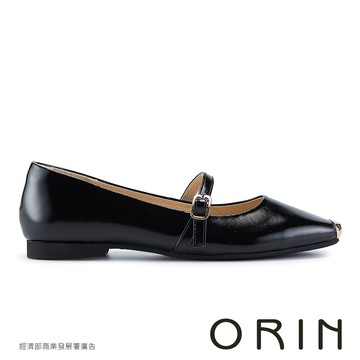ORIN 牛漆皮金飾方頭瑪莉珍平底鞋 黑色 #25560