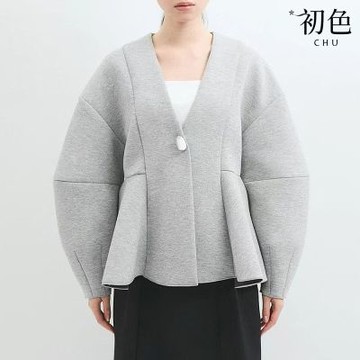 初色 日系簡約荷葉邊下擺寬鬆V領落肩長袖大衣外套女外套-共3色-17604(F可選)