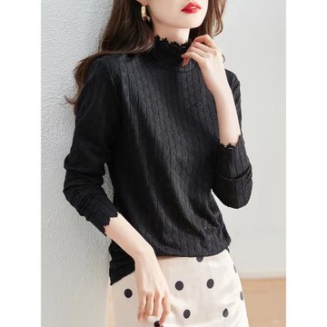 2025秋冬新款半高領長袖修身內搭上衣女洋氣小衫漂亮蕾絲打底衫