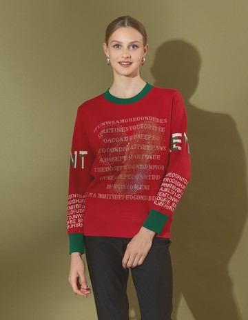 ★【喜芝梅】聖誕節慶 亮麗字母排列潮流綠色袖口針織上衣(兩色；F) 224160820