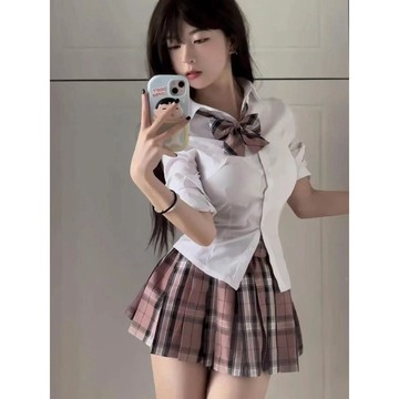 雨菲|免運 JK制服 JK套裝 短裙 百褶裙 水手服 正版原創白桃香百褶裙jk制服裙粉格套裝學院風校供感半身裙女