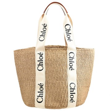 CHLOE Woody 經典織帶草編肩背托特包.白邊