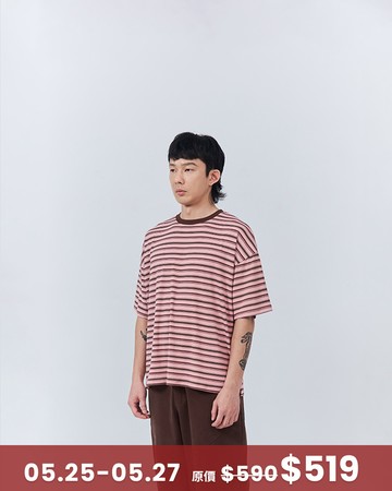 男裝 配色條紋寬版短袖上衣-粉M/L/XL