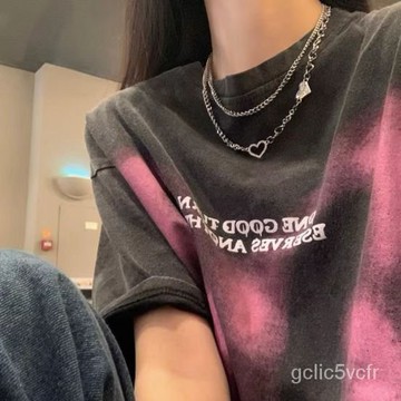 雙層疊戴鏤空愛心項鏈女ins嘻哈甜酷辣妹風搭配T恤設計感毛衛衣鏈 情侶款項鏈 T恤項鏈配飾 男士配飾 搭配T恤毛衣鏈