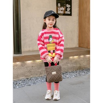 女童冬季加絨加厚寬松毛毛衛衣兒童中大童小學生韓版時尚條紋上衣