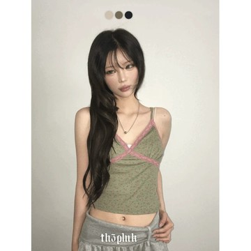 Codibook｜韓國 thepink 花卉蕾絲收褶羅紋細肩帶背心［預購］無袖 女裝