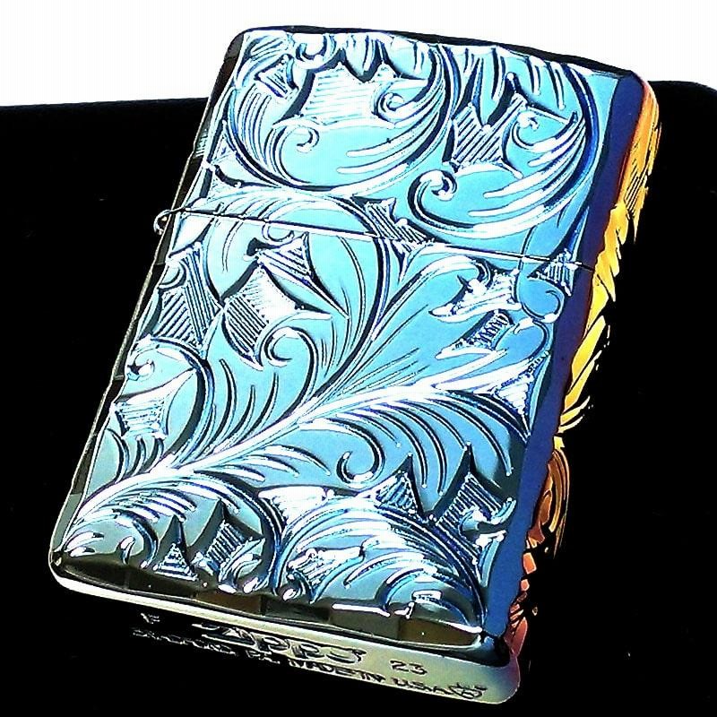 ZIPPO アーマー ジッポ ライター ５面立体彫刻 唐草 リーフ スカイブルーベース レインボー チタン加工 金タンク 深彫り 虹色 重厚  チタニウム | LINEブランドカタログ