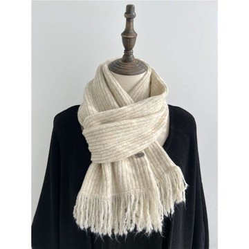 韓版柔軟含羊毛針織毛線卡其色圍巾女冬季流蘇美拉德風圍脖網紅款