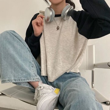 T恤女  初秋薄款甜辣拚接春秋寬鬆   新款長袖甜美上衣女裝法式  WH
