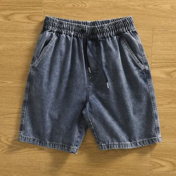 品質好牛！純棉重工水洗男士夏季新款潮流休閑松緊腰抽繩牛仔短褲