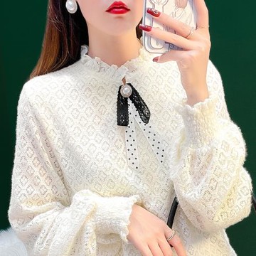 法式蕾絲上衣女秋洋氣高端別致小衫燈籠長袖荷葉邊內搭網紗打底衫