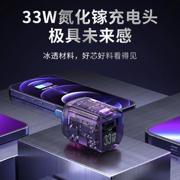 布洛克透明PD33W氮化鎵雙口快充充電頭 手機充電器 適用蘋果1415Pro