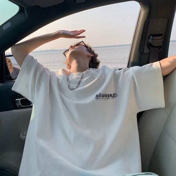 潮牌夏季短袖 ins少年感穿搭 oversize落肩設計短袖 100%純棉抗皺上衣 圓領寬鬆休閒短袖