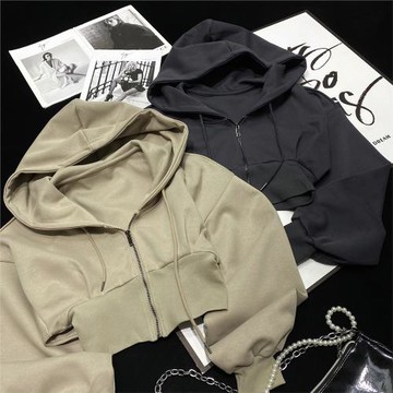 CCA自制辣妹風卡其色短款高腰連帽衛衣收腰超短拉鏈帶帽運動外套