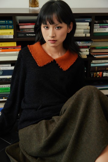 不收邊做舊翻領抓毛針織長袖上衣