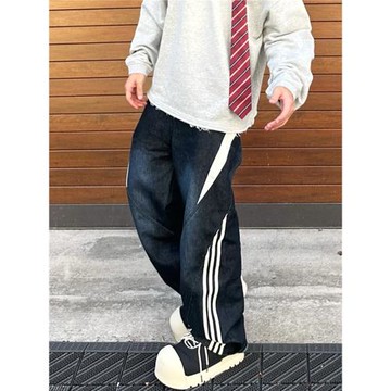 美式高街三條杠拼接牛仔褲男vibe潮牌復古水洗設計感寬松闊腿褲女