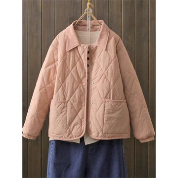 秋冬大碼200斤夾棉輕薄棉服女寬松顯瘦菱格拼色棉衣外套翻領棉襖