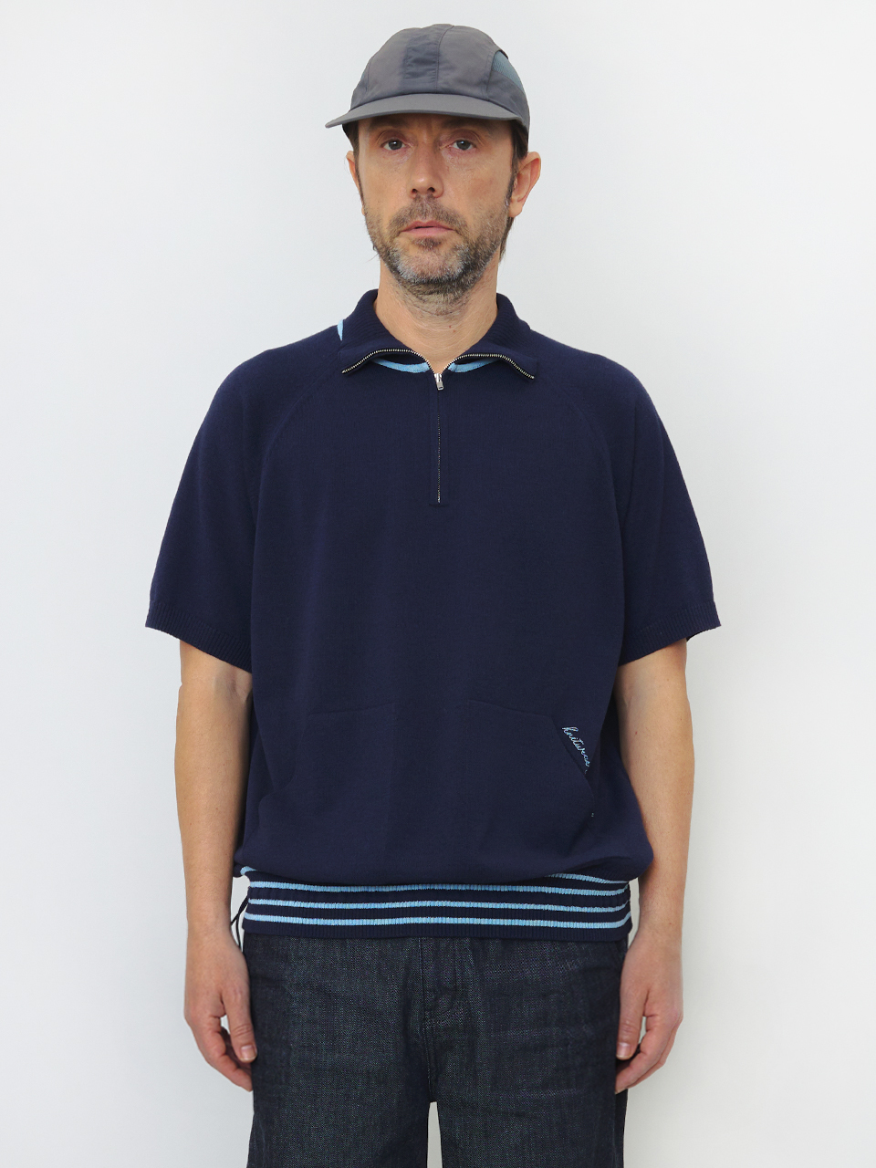 Men Two Pocket String Half Zip-up Knit Top - Navy