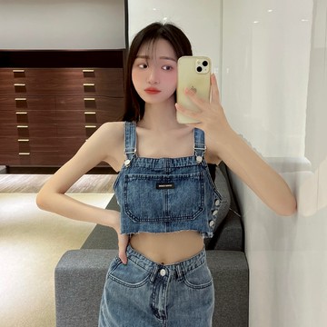 牛仔吊帶短裙套裝【9035】Sandy33實拍春夏新款韓系INS修身顯瘦氣質露肩無袖短版背心 高腰短裙 兩件式套裝