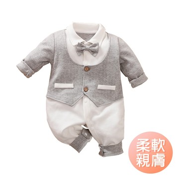 寶寶西裝 滿月禮服 包屁衣套裝 收涎禮服 麻灰紳士包屁衣 男寶禮服 嬰兒禮服 西裝連身衣-雪倫小舖
