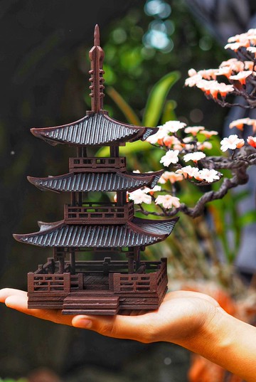 三層寶塔，寶塔模型，中式出租車模型，家居和花園裝飾組裝卡通模型