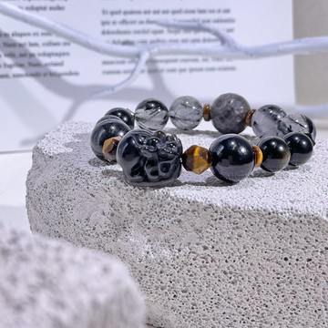 膽識 貔貅|黃虎眼|銀曜石|金運石|金曜石|黑髮晶|水晶手鍊A07-3