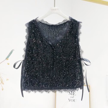 蕾絲亮片V領短款馬甲女2025春季女裝新款時尚百搭套頭背心坎肩潮