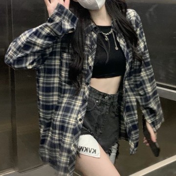 ✨臺灣出貨✨春秋格子襯衫女寬鬆慵懶風女裝上衣早秋新款襯衣復古格紋襯衫外套