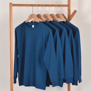 【小白家】復古寶石藍250g重磅純棉圓領長袖T恤男女情侶純白t恤