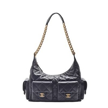 CHANEL 經典雙C LOGO菱格羊皮仿舊金屬多口袋肩背包(黑色 )