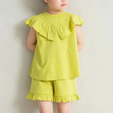 日本 BRANSHES - 俏皮荷葉大翻領短褲套裝-黃