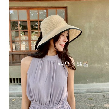 「拉兒小舖」台灣現貨 日本單款 高品質 韓版 細紙草 夏天  可折疊草帽 大沿帽 遮陽帽 蝴蝶結草帽
