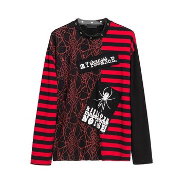 MORBID 春秋季新款原創蜘蛛網條紋貼布不規則拼接寬松長袖T恤朋克