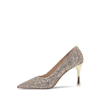 香檳金水晶高跟鞋銀色亮片尖頭婚鞋黑職業女單鞋名媛氣質不累腳鞋