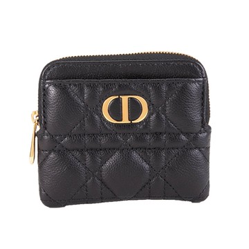 Dior Caro 藤格紋圖案縫線拉鍊卡夾零錢包(黑色)