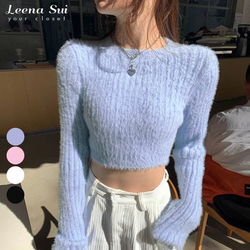 短版針織衫 短版上衣 水貂毛短款毛衣 短版心機露臍長袖套頭針織上衣026491