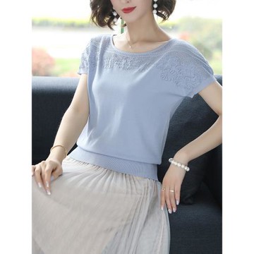 冰絲針織衫薄款短袖t恤女寬松遮肚子上衣中年媽媽夏裝2025年新款