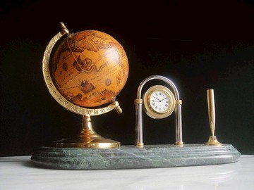 【老時光 OLD-TIME】早期二手台灣製大理石座地球儀時鐘筆收納組