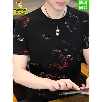 啄木鳥男士短袖t恤冰絲2025新款夏季薄款半袖桑蠶絲體恤男夏裝潮T