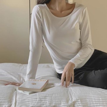 棉質長袖內搭打底衫女秋季高級感圓領t恤白色基礎修身上衣低領