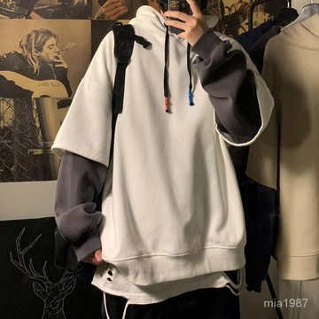 【精品男裝】假兩件衛衣男潮ins潮流寬鬆情侶裝連帽長袖鞦鼕加厚韓版學生外套jioyh IFWU