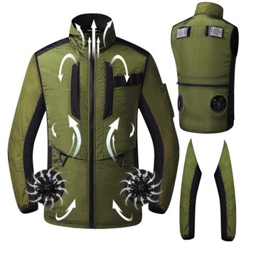 夏季新款科技制冷戶外可脫卸袖子工地干活薄款風扇服微胖男工作服