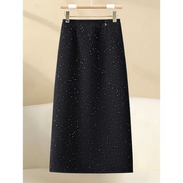 黑色毛呢亮片半身裙女秋冬2025新款a字裙中長款絕美直筒包臀裙子