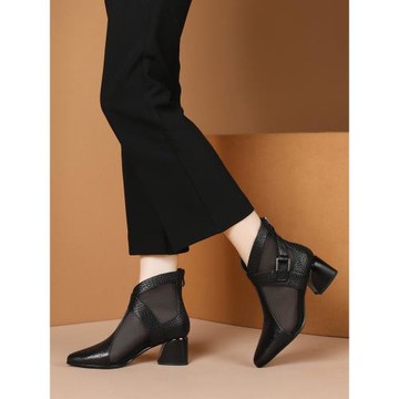 真皮鏤空網靴春夏新款尖頭英倫涼鞋女中跟網紗大碼涼靴子百搭粗跟