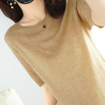 精紡細支羊毛圓領針織短袖T恤打底衫女寬松休閑半截袖薄毛衣內搭